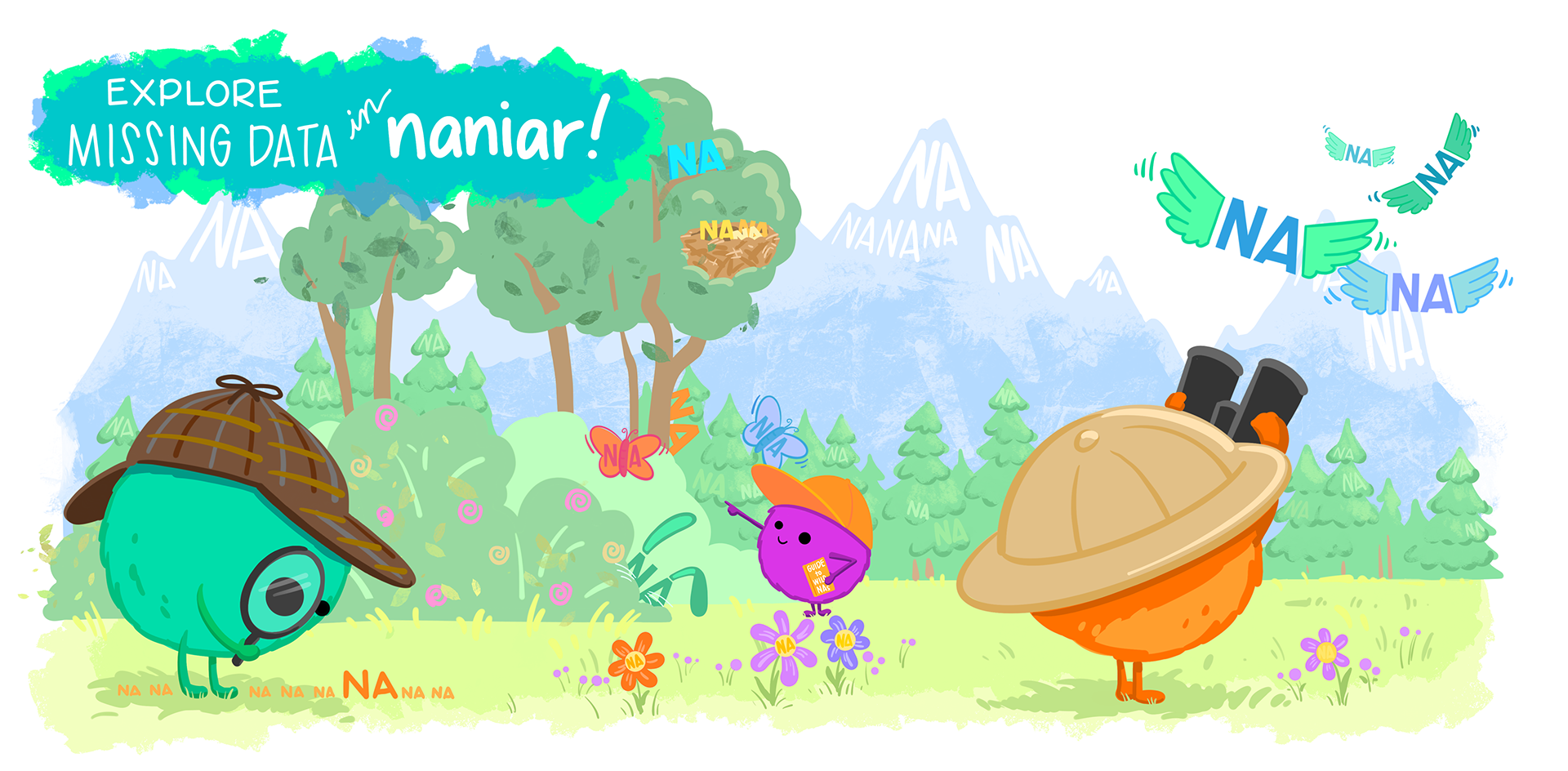 "Explore missing data in naniar!" Cute monsters with exploring gear looking around a landscape full of subtle (and not so subtle) NAs, hidden in trees, on mountain tops, as birds, and in flowers. Learn more about naniar.